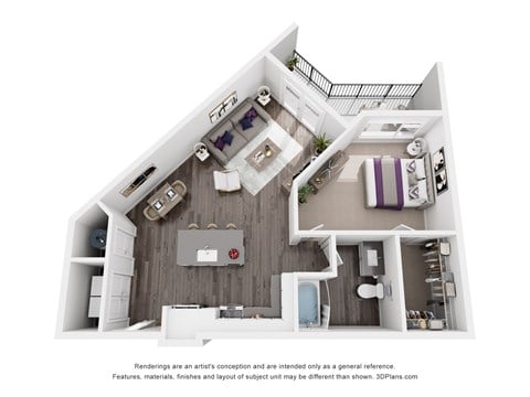 Floor plan for 1 bed, 1 bath, 734 sqft
